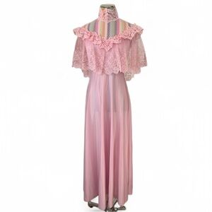 Vintage JCPenney Bubblegum Pink Lace High Neck Polyester Maxi Gown Dress
